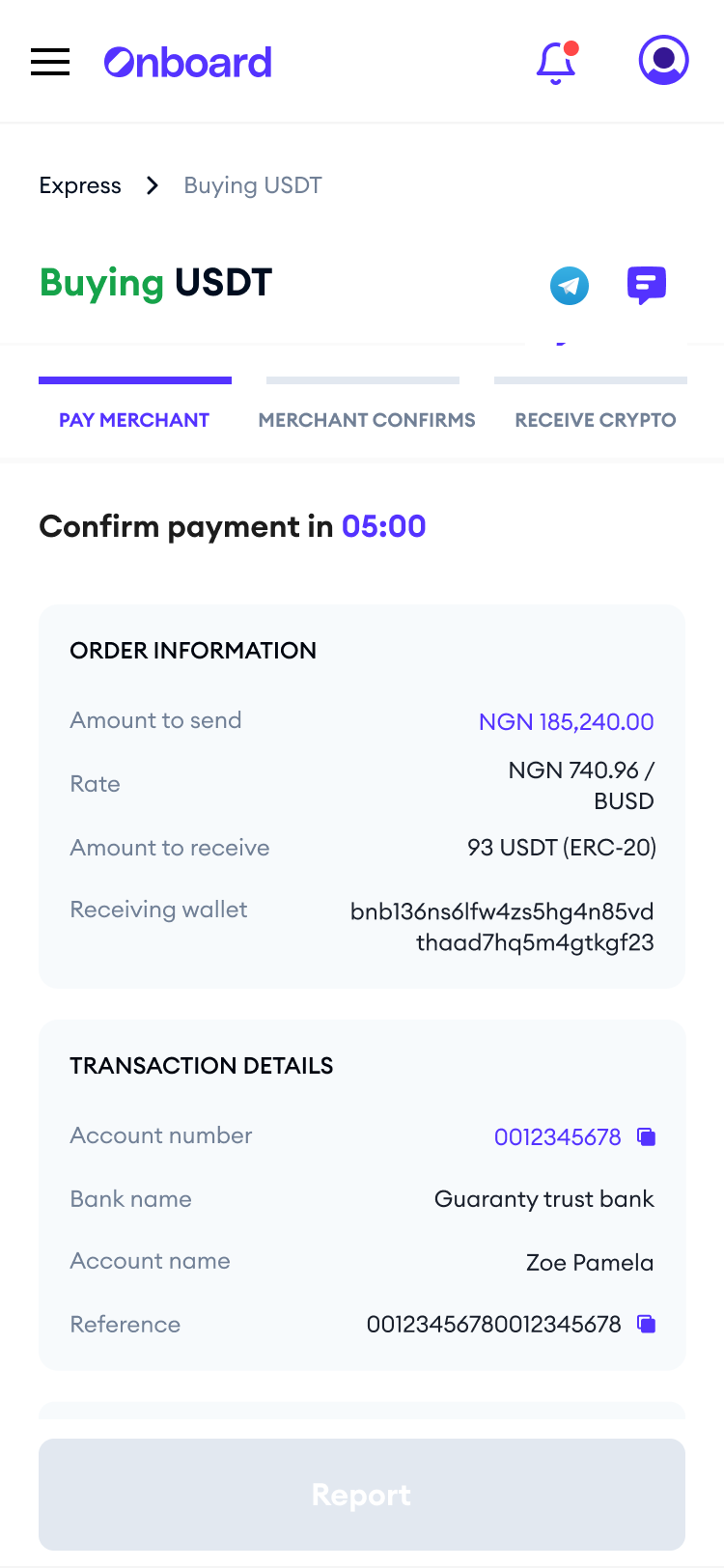 Onboard buying USDT