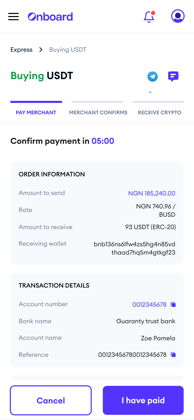 Onboard confirm payment