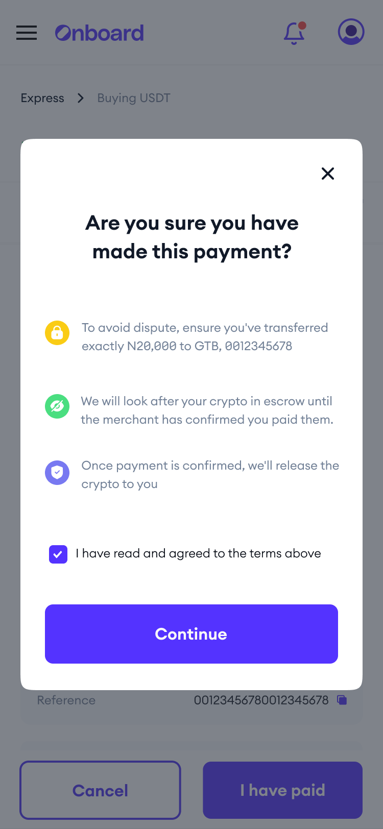 Onboard buy confirmation