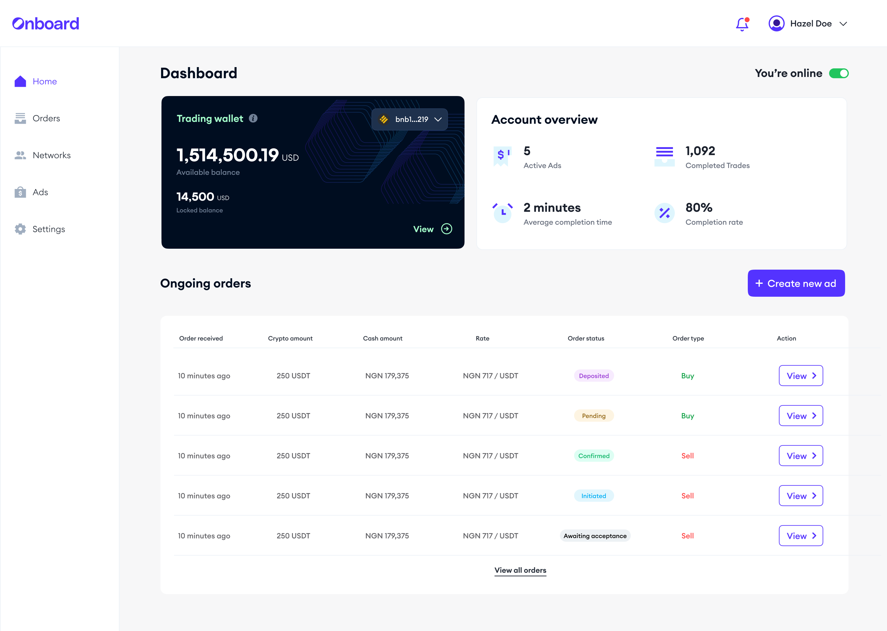 Onboard merchant dashboard web