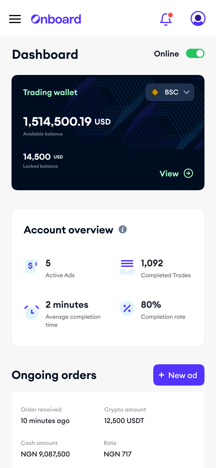 Onboard merchant dashboard mobile