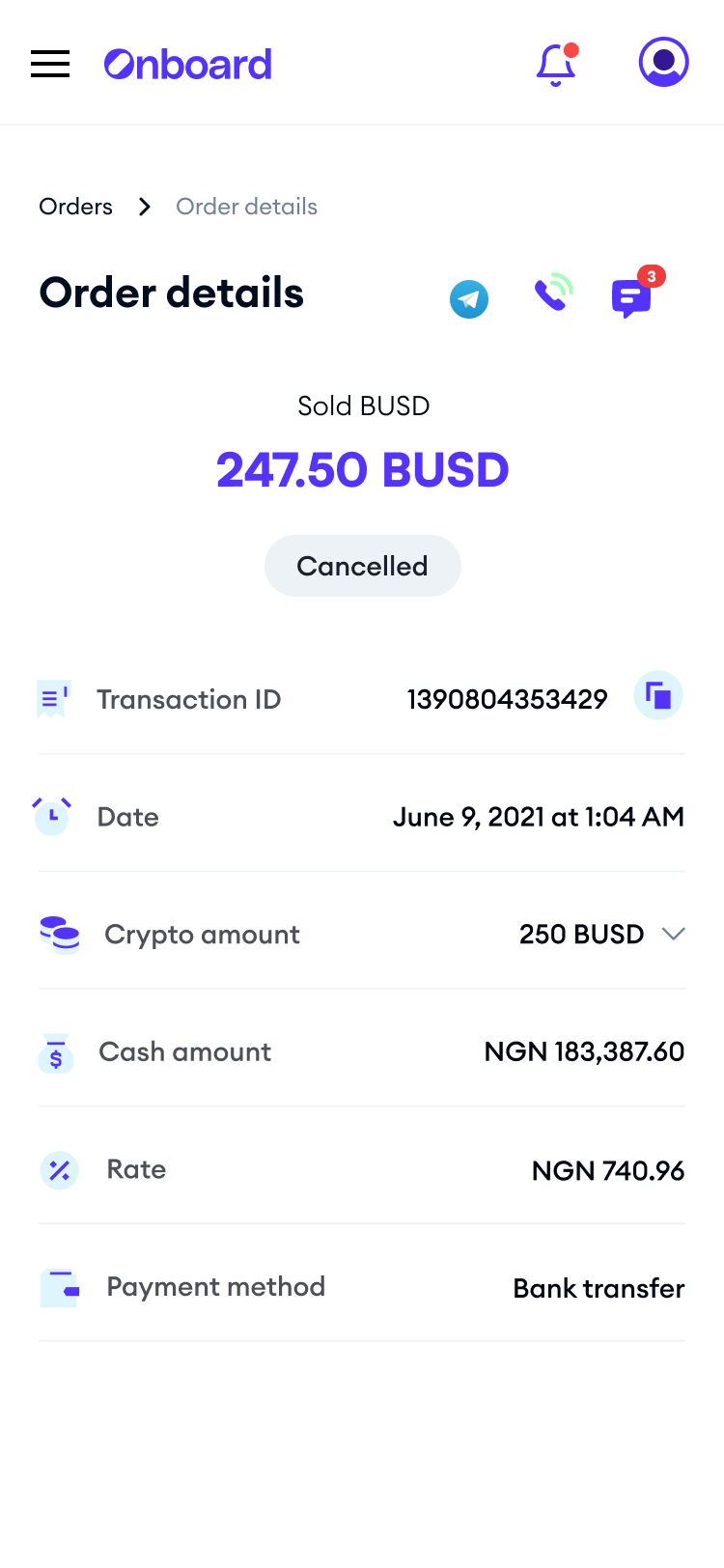 Onboard sell cancelled