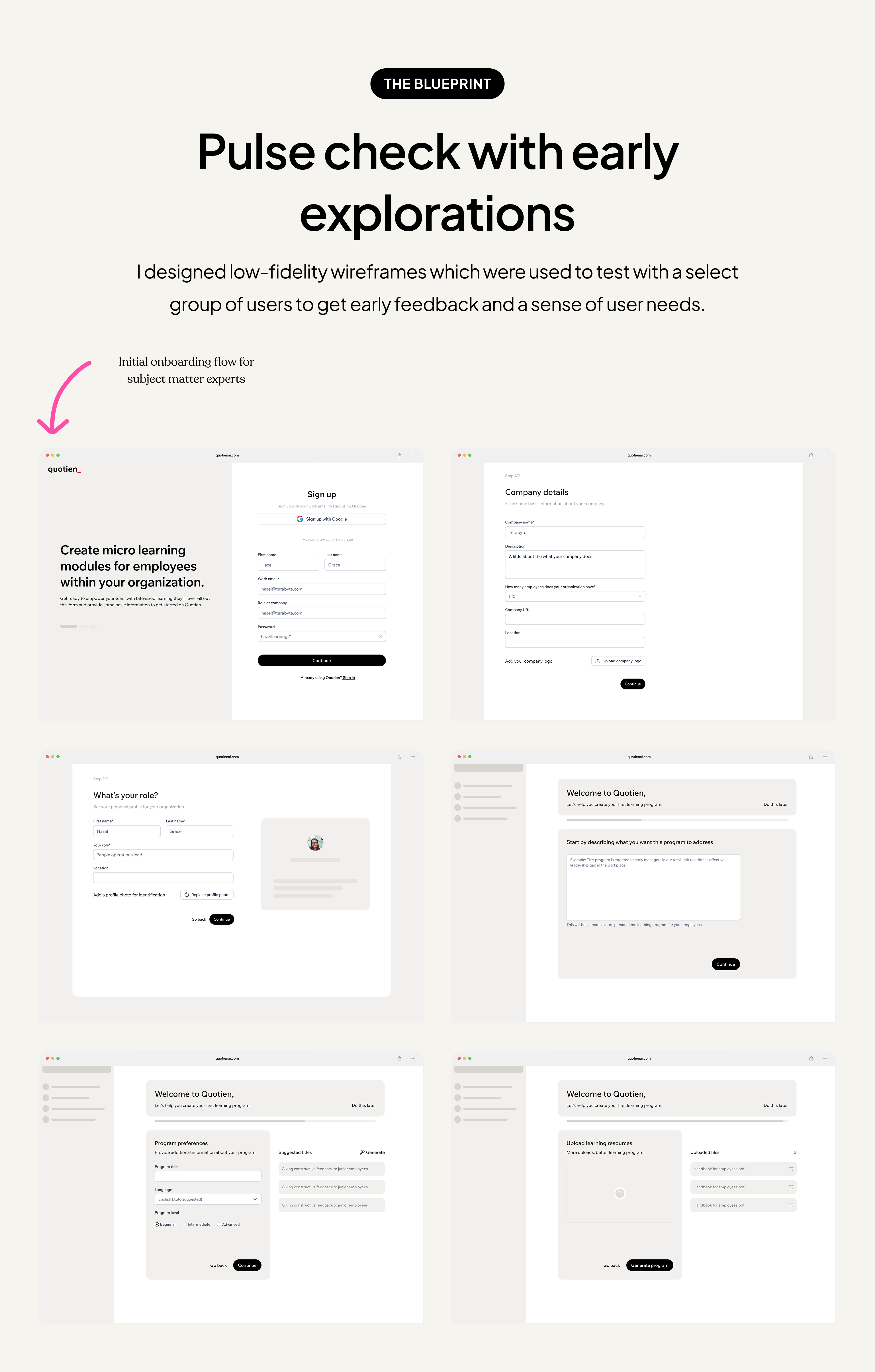 Quotien wireframe explorations